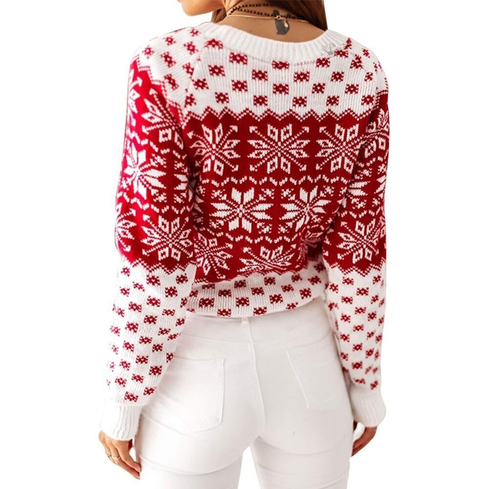 Christmas Crew Neck Sweater Reindeer Snowflakes Long Sleeve Wool Blend
